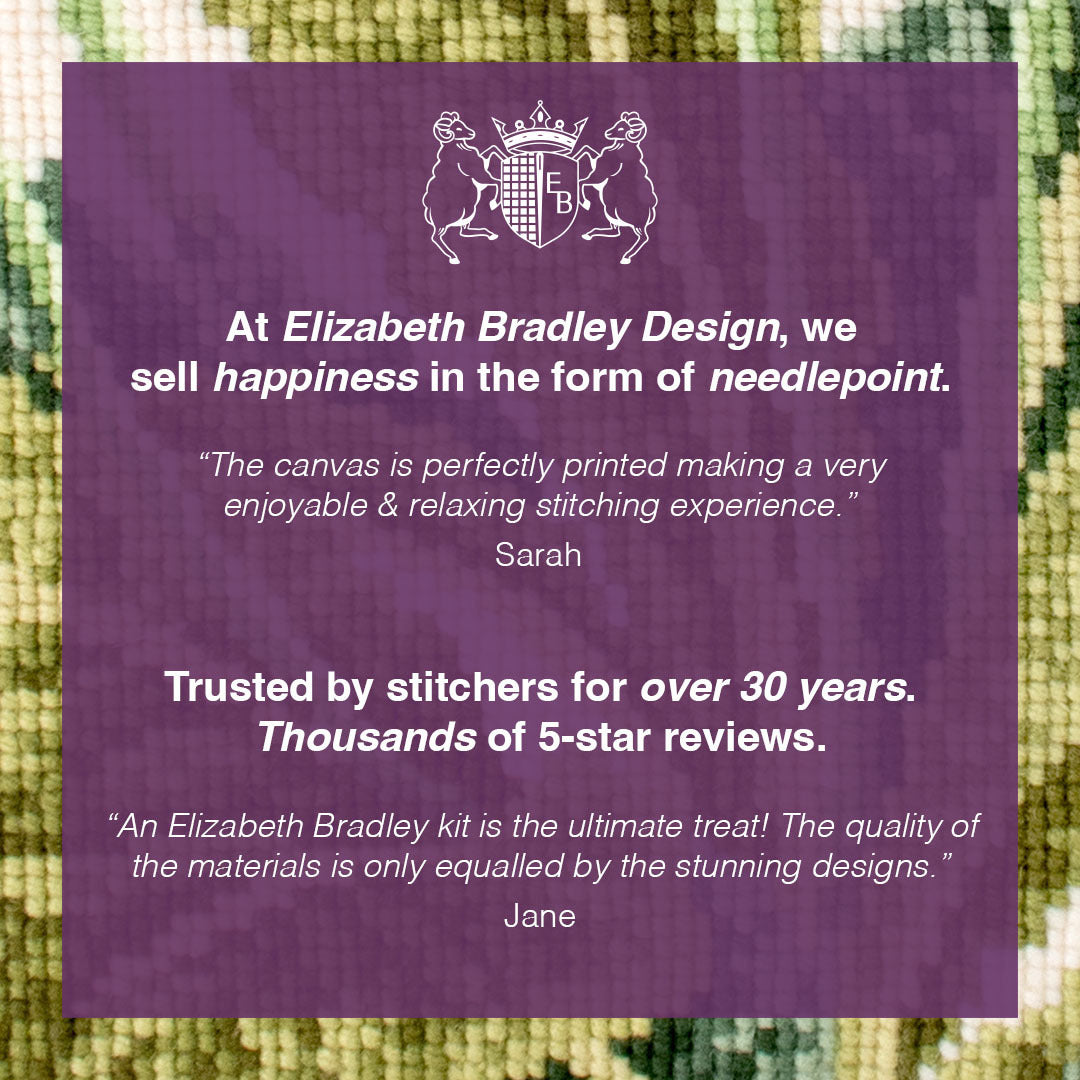 Advertisement for Elizabeth Bradley Design needlepoint kits with a purple text box and green needlepoint canvas.