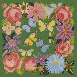 Clematis, Rose, and Butterflies Needlepoint Kit Elizabeth Bradley Design Dark Green 