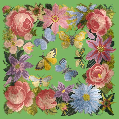 Clematis, Rose, and Butterflies Needlepoint Kit Elizabeth Bradley Design Grass Green 